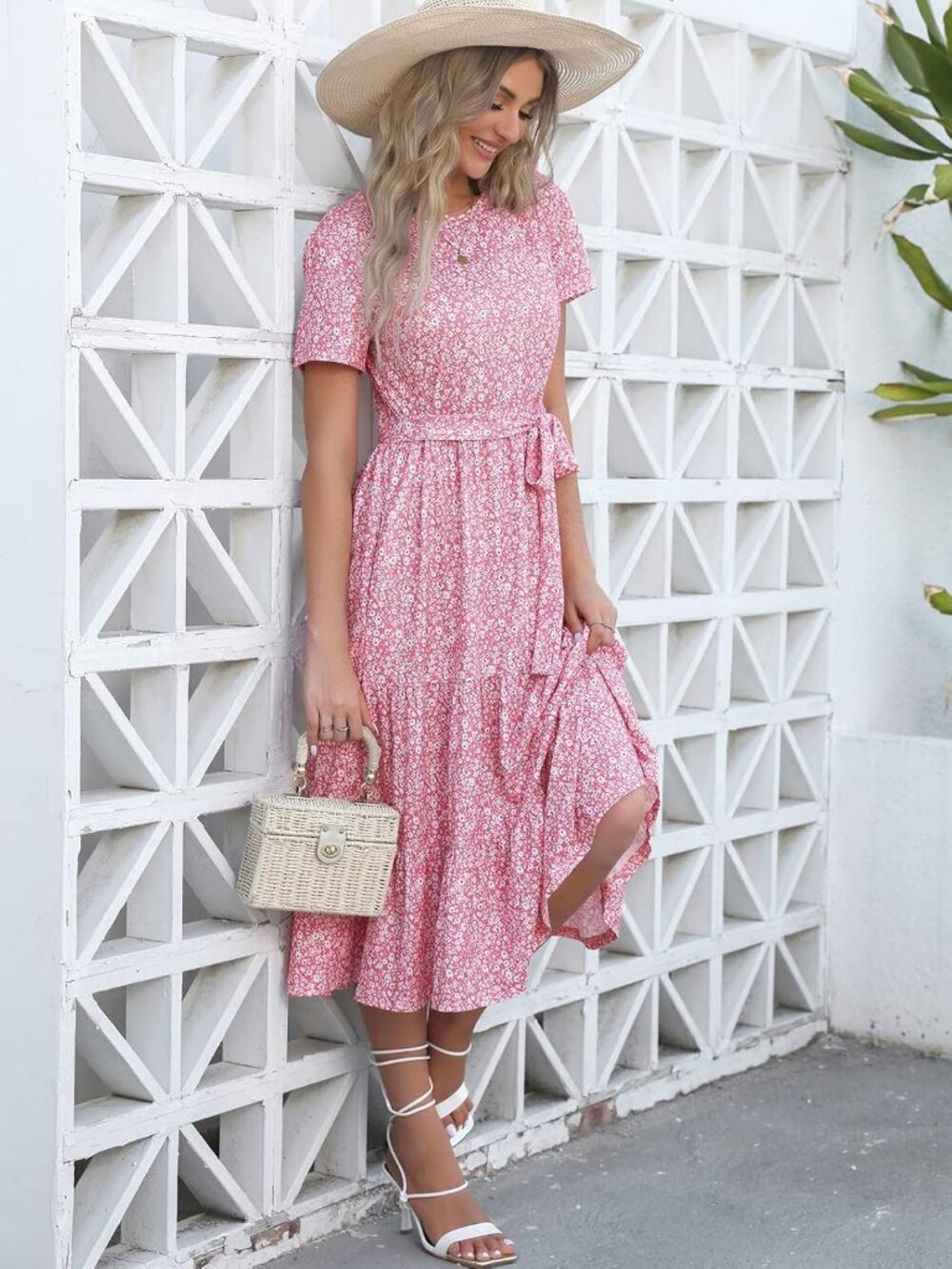 Women's Pink Floral Tiered Short Sleeve Belted Pocket Ruffle Midi Maxi Dress - Picture 5 of 6